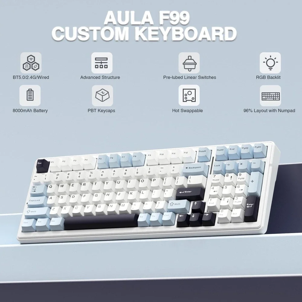 AULA F99 Wireless Mechanical Keyboard Hot Swappable RGB Backlit Blue White
